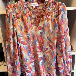 Multicolor Leaf-Print Smocked Shoulder Blouse